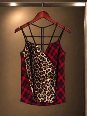Alice & Trixie 100% Silk Leopard Red Plaid Strappy Cami Top Caged Back Size XS